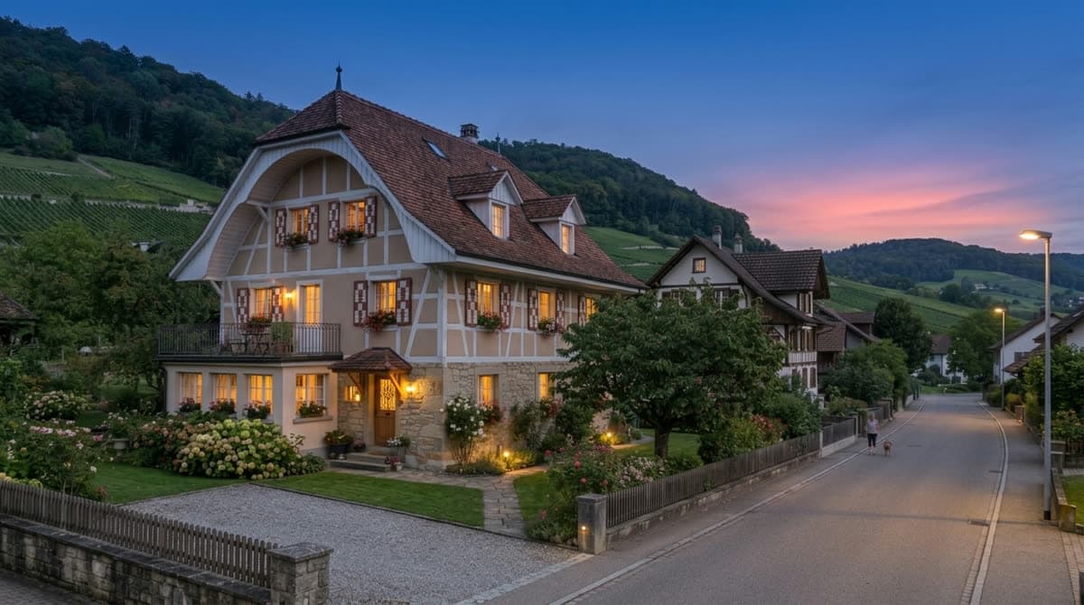 Dieselbe Fassade in der Abenddämmerung mit warm leuchtenden Fenstern (Day-to-Dusk-Bearbeitung)