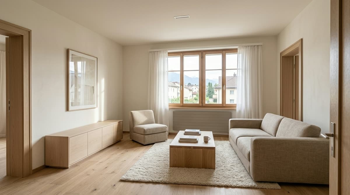 Dasselbe Wohnzimmer als Renovations-Visualisierung: Parkett, helle Wände, moderne Einrichtung