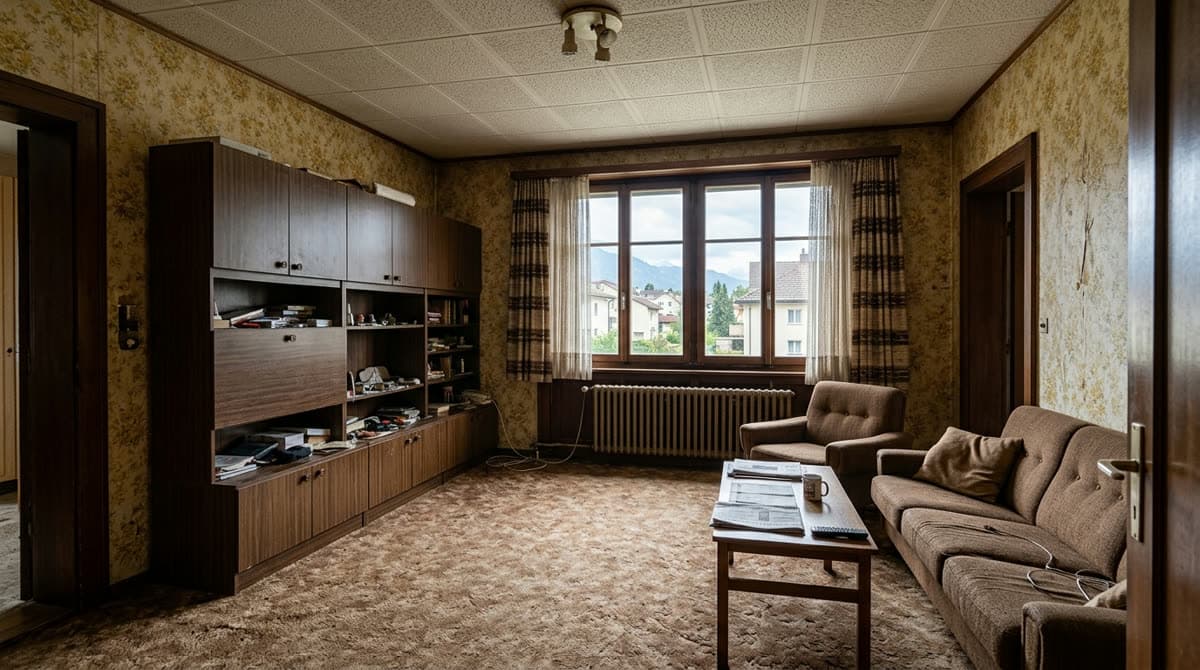 Renovationsbedürftiges Wohnzimmer aus den 1970ern mit abgenutztem Teppich und alter Tapete
